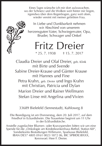 Traueranzeige von Fritz Dreier von Neue Westfälische