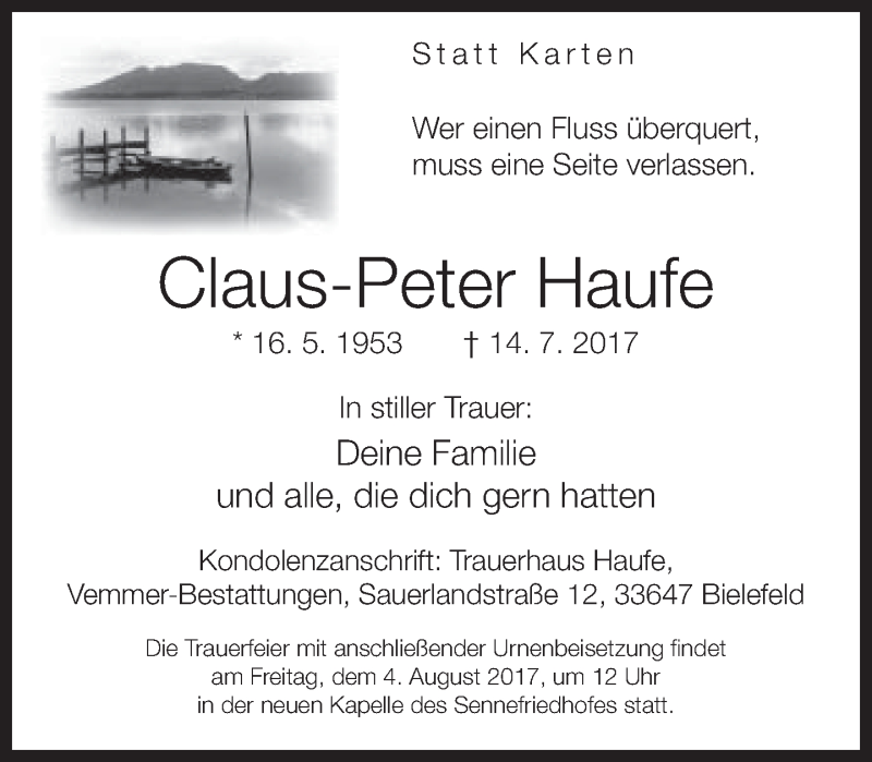  Traueranzeige für Claus-Peter Haufe vom 22.07.2017 aus Neue Westfälische