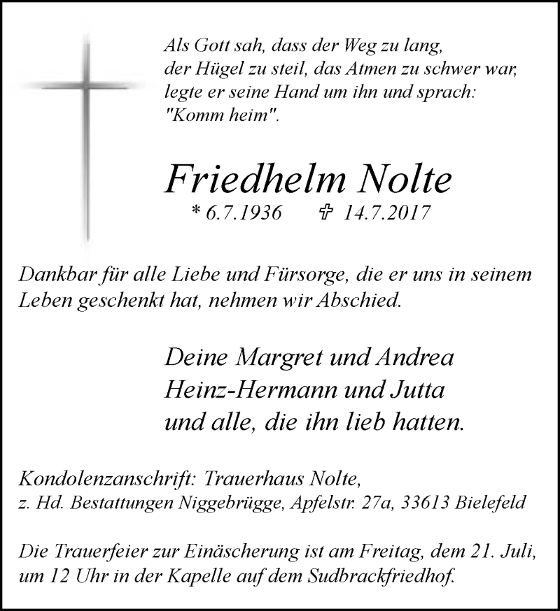 Traueranzeige für Friedhelm Nolte vom 18.07.2017 aus Neue Westfälische