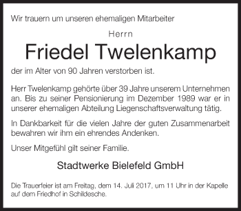 Traueranzeige von Friedel Twelenkamp von Neue Westfälische