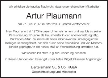 Traueranzeige von Artur Plaumann von Neue Westfälische