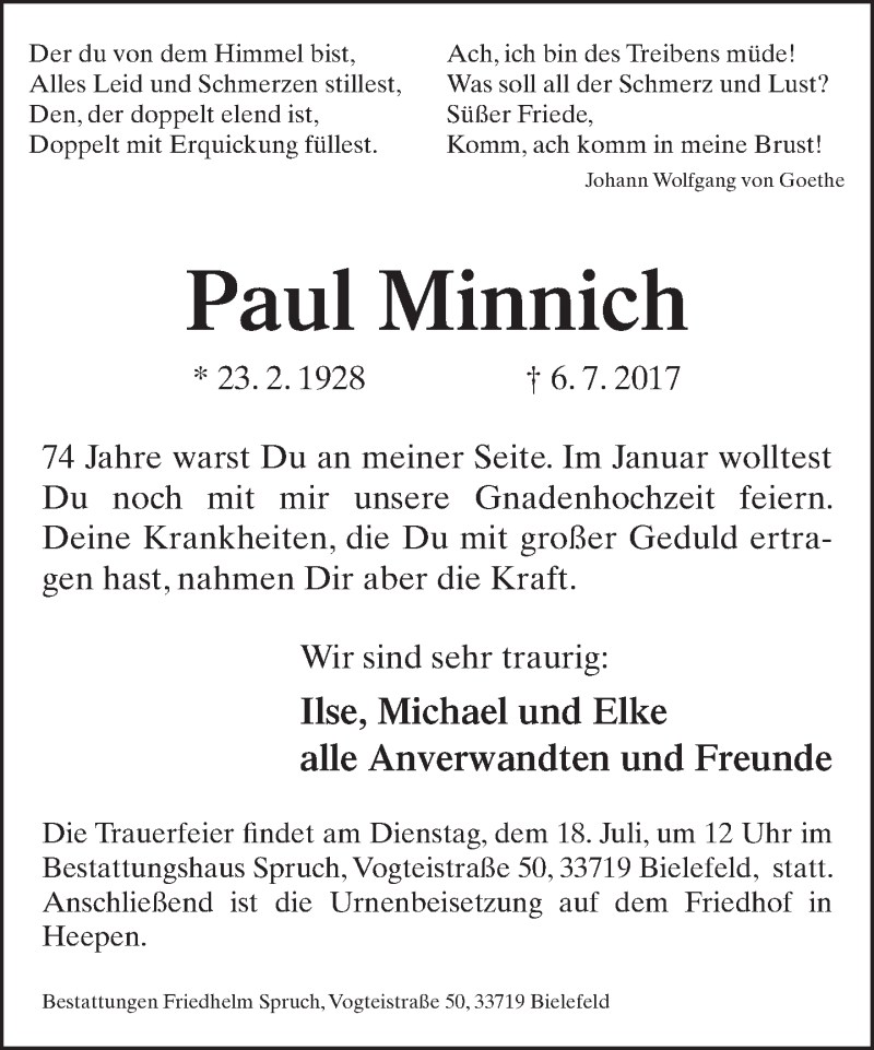  Traueranzeige für Paul Minnich vom 08.07.2017 aus Neue Westfälische