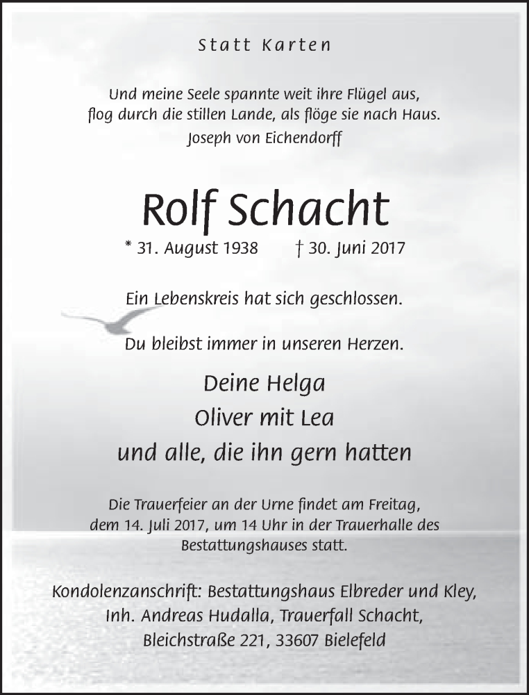  Traueranzeige für Rolf Schacht vom 08.07.2017 aus Neue Westfälische