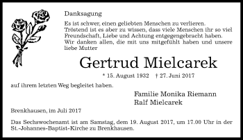 Traueranzeige von Gertrud Mielcarek von Neue Westfälische