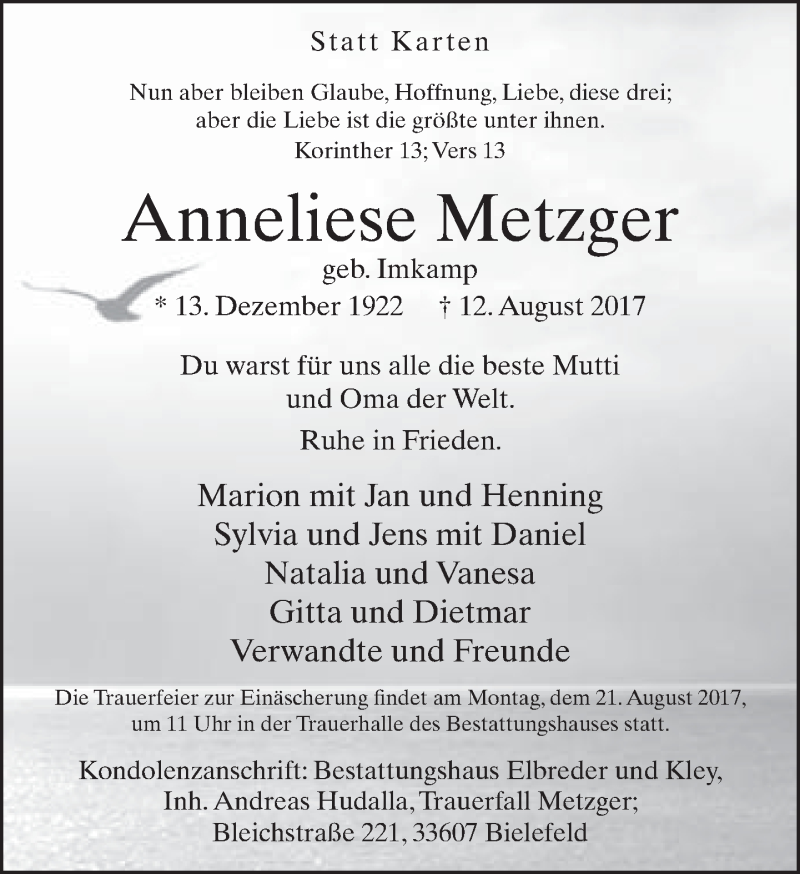  Traueranzeige für Anneliese Metzger vom 16.08.2017 aus Neue Westfälische