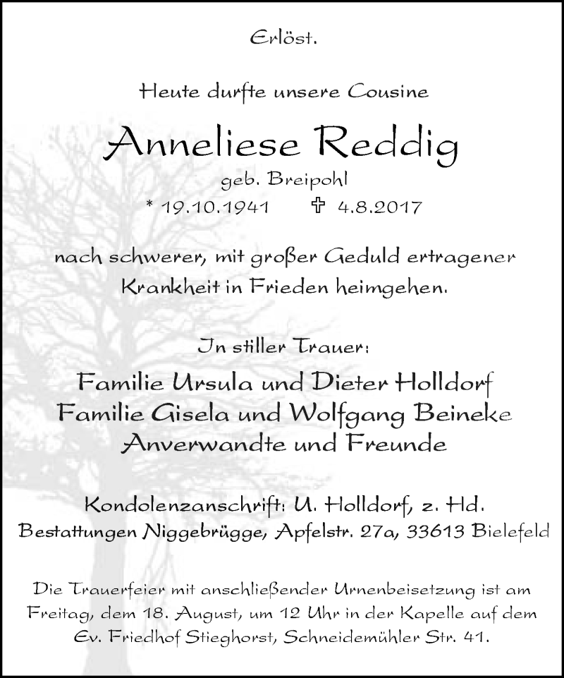  Traueranzeige für Anneliese Reddig vom 12.08.2017 aus Neue Westfälische