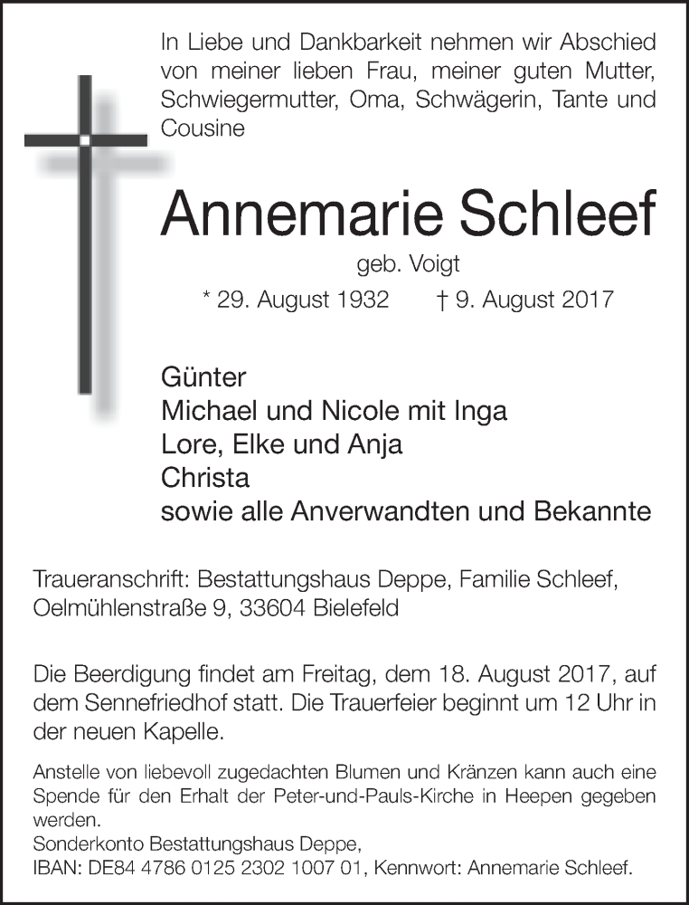  Traueranzeige für Annemarie Schleef vom 12.08.2017 aus Neue Westfälische