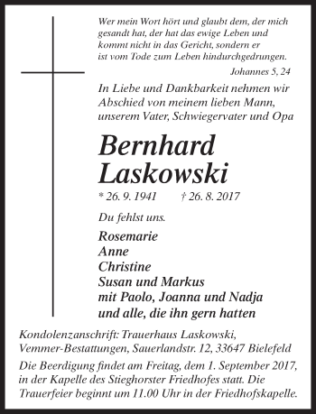 Traueranzeige von Bernhard Laskowski von Neue Westfälische