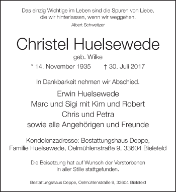 Traueranzeige von Christel Huelsewede von Neue Westfälische