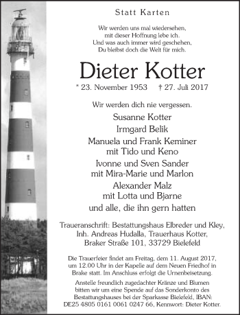 Traueranzeige von Dieter Kotter von Neue Westfälische