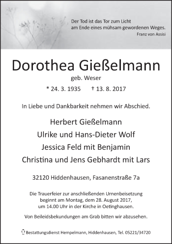 Traueranzeige von Dorothea Gießelmann von Neue Westfälische