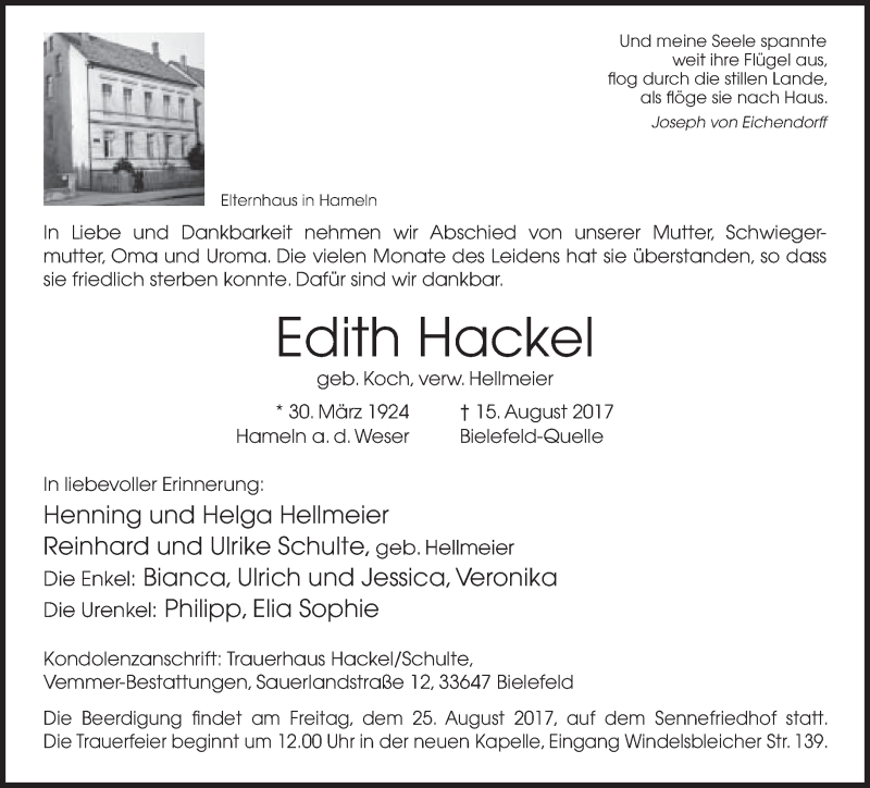  Traueranzeige für Edith Hackel vom 19.08.2017 aus Neue Westfälische