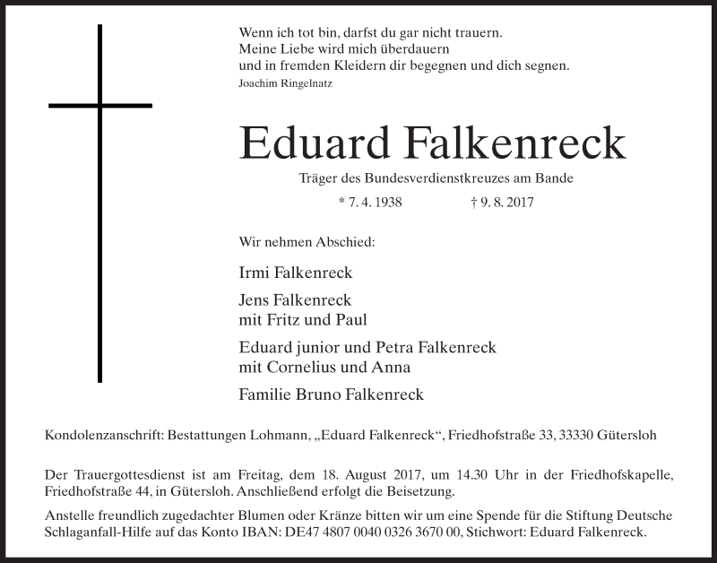  Traueranzeige für Eduard Falkenreck vom 12.08.2017 aus Neue Westfälische