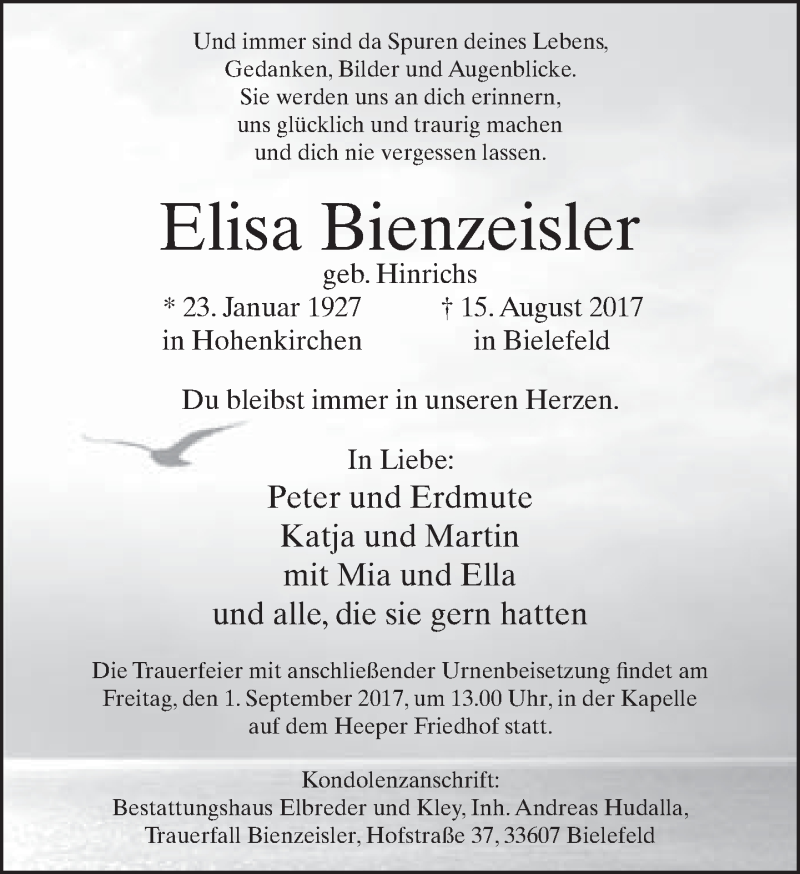  Traueranzeige für Elisa Bienzeisler vom 19.08.2017 aus Neue Westfälische