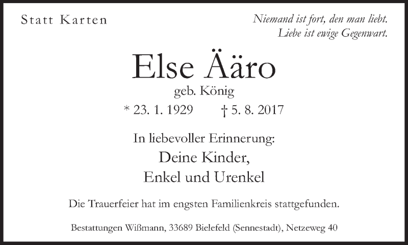  Traueranzeige für Else Ääro vom 12.08.2017 aus Neue Westfälische