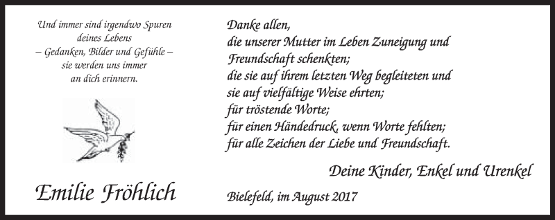  Traueranzeige für Emilie Fröhlich vom 19.08.2017 aus Neue Westfälische