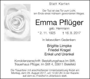 Traueranzeige von Emma Pflüger von Neue Westfälische