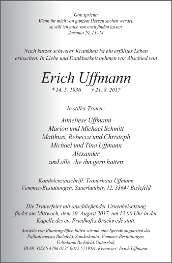 Traueranzeige von Erich Uffmann von Neue Westfälische