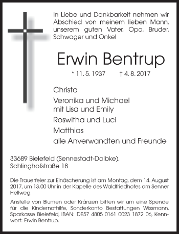 Traueranzeige von Erwin Bentrup von Neue Westfälische