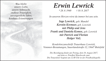 Traueranzeige von Erwin Lewrick von Neue Westfälische