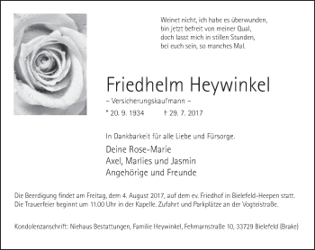Traueranzeige von Friedhelm Heywinkel von Neue Westfälische