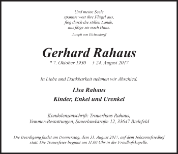 Traueranzeige von Gerhard Rahaus von Neue Westfälische