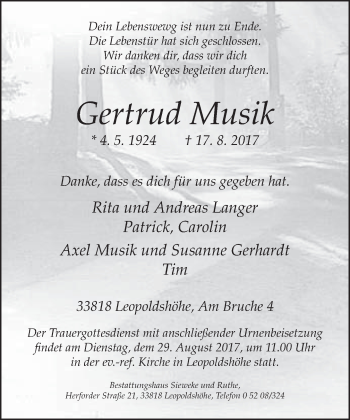 Traueranzeige von Gertrud Musik von Neue Westfälische