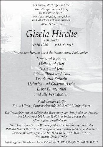 Traueranzeige von Gisela Hirche von Neue Westfälische