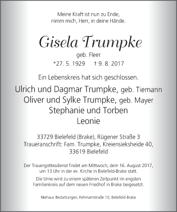 Traueranzeige von Gisela Trumpke von Neue Westfälische
