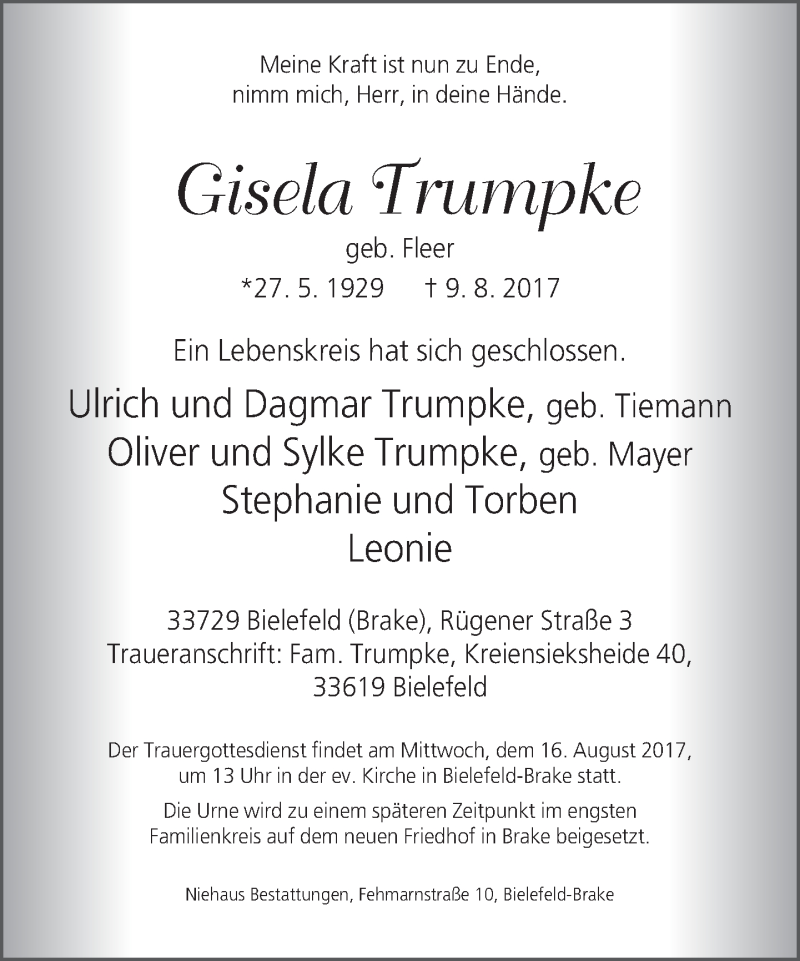  Traueranzeige für Gisela Trumpke vom 12.08.2017 aus Neue Westfälische
