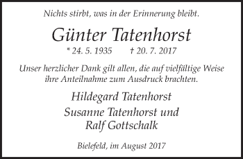 Traueranzeige von Günter Tatenhorst von Neue Westfälische