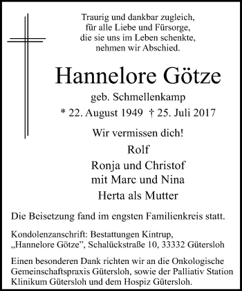 Traueranzeige von Hannlore Götze von Neue Westfälische