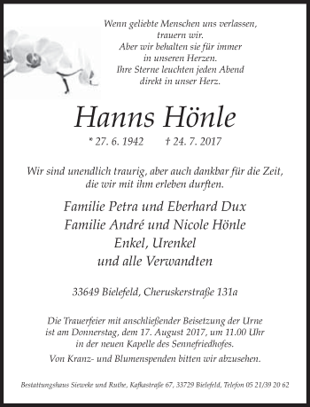 Traueranzeige von Hanns Hönle von Neue Westfälische