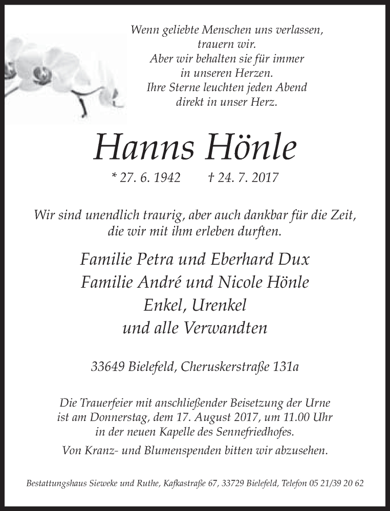  Traueranzeige für Hanns Hönle vom 05.08.2017 aus Neue Westfälische