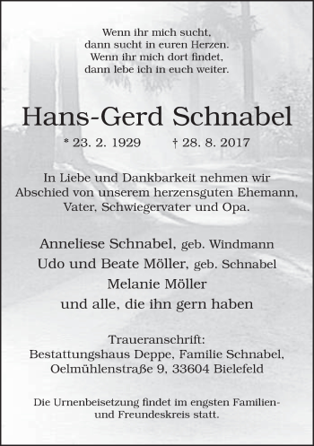 Traueranzeige von Hans-Gerd Schnabel von Neue Westfälische