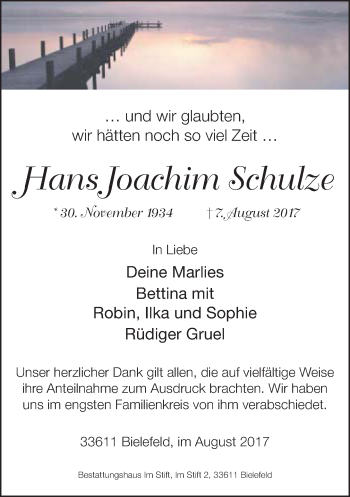Traueranzeige von Hans Joachim Schulze von Neue Westfälische