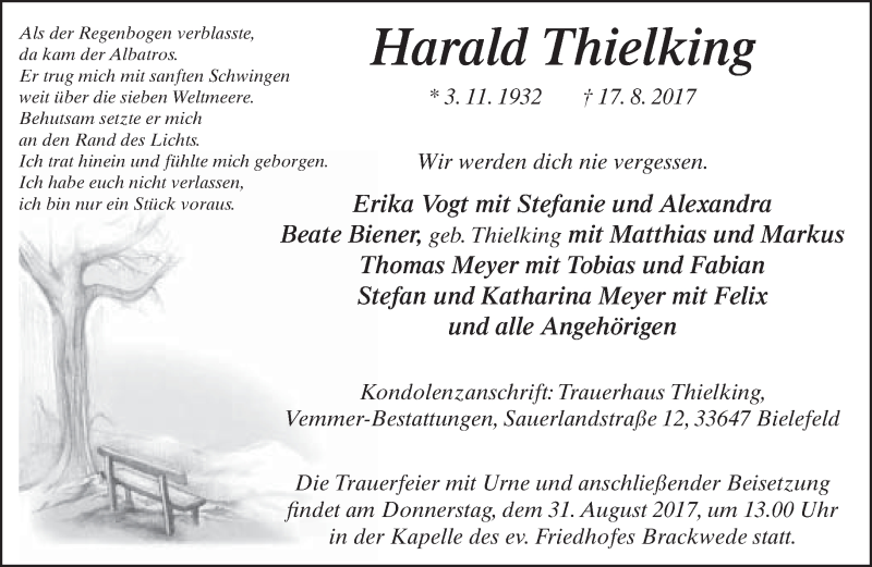  Traueranzeige für Harald Thielking vom 26.08.2017 aus Neue Westfälische