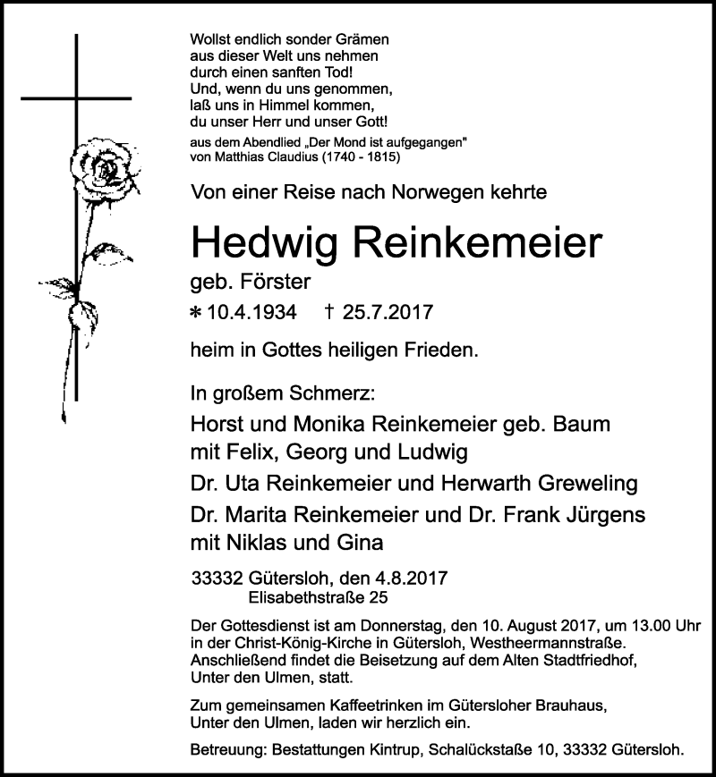  Traueranzeige für Hedwig Reinkemeier vom 07.08.2017 aus Neue Westfälische