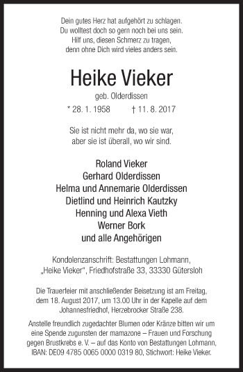 Traueranzeige von Heike Vieker von Neue Westfälische