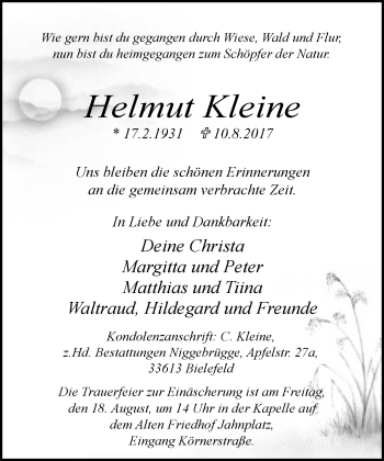 Traueranzeige von Helmut Kleine von Neue Westfälische