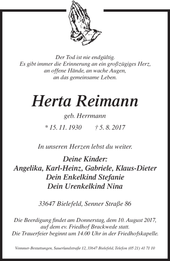 Traueranzeige von Herta Reimann von Neue Westfälische