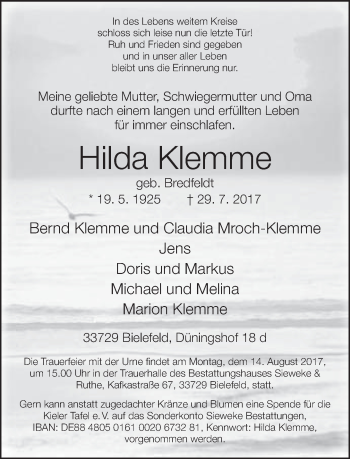 Traueranzeige von Hilda Klemme von Neue Westfälische