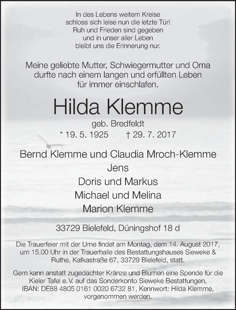  Traueranzeige für Hilda Klemme vom 05.08.2017 aus Neue Westfälische