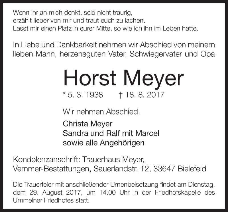  Traueranzeige für Horst Meyer vom 26.08.2017 aus Neue Westfälische