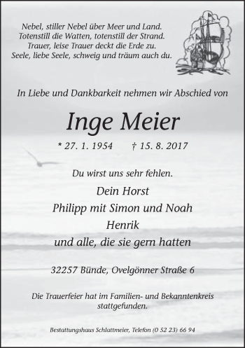 Traueranzeige von Inge Meier von Neue Westfälische