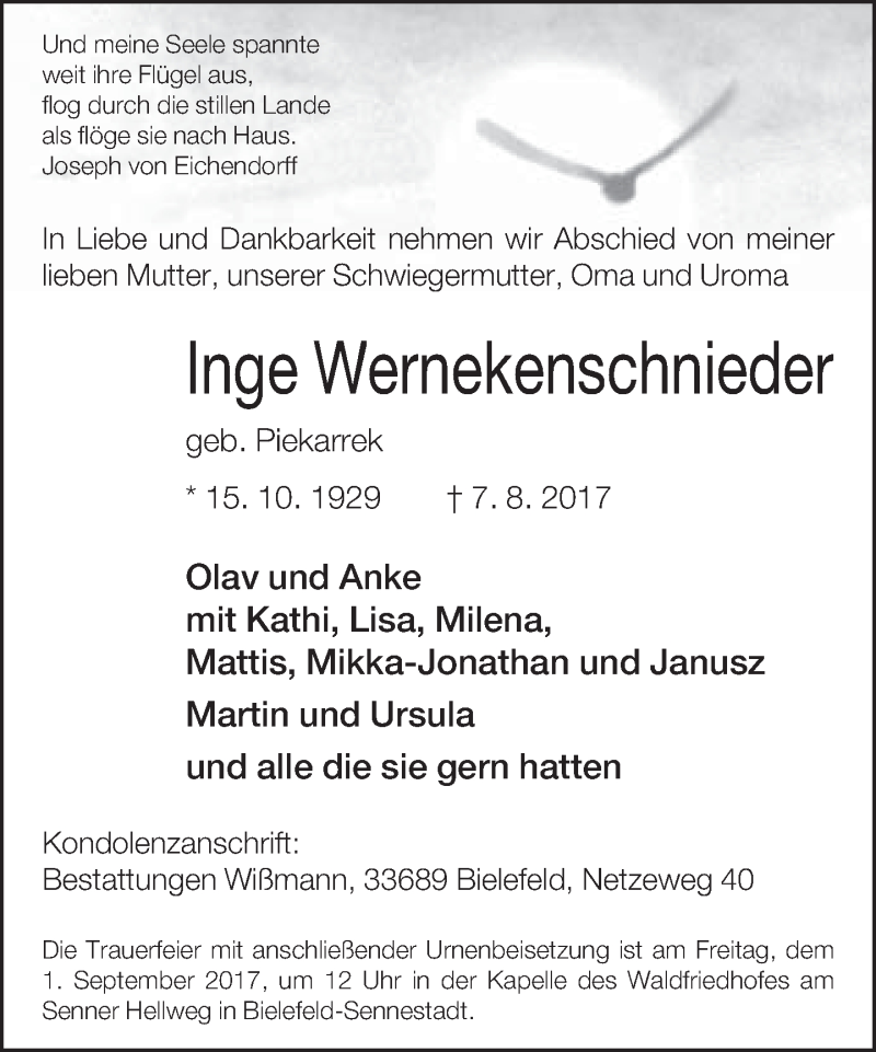  Traueranzeige für Inge Wernekenschnieder vom 19.08.2017 aus Neue Westfälische