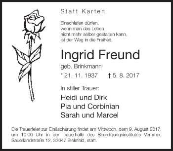 Traueranzeige von Ingrid Freund von Neue Westfälische