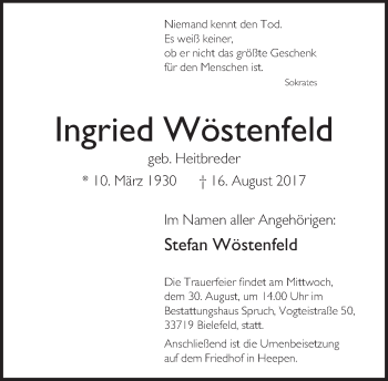 Traueranzeige von Ingried Wöstenfeld von Neue Westfälische