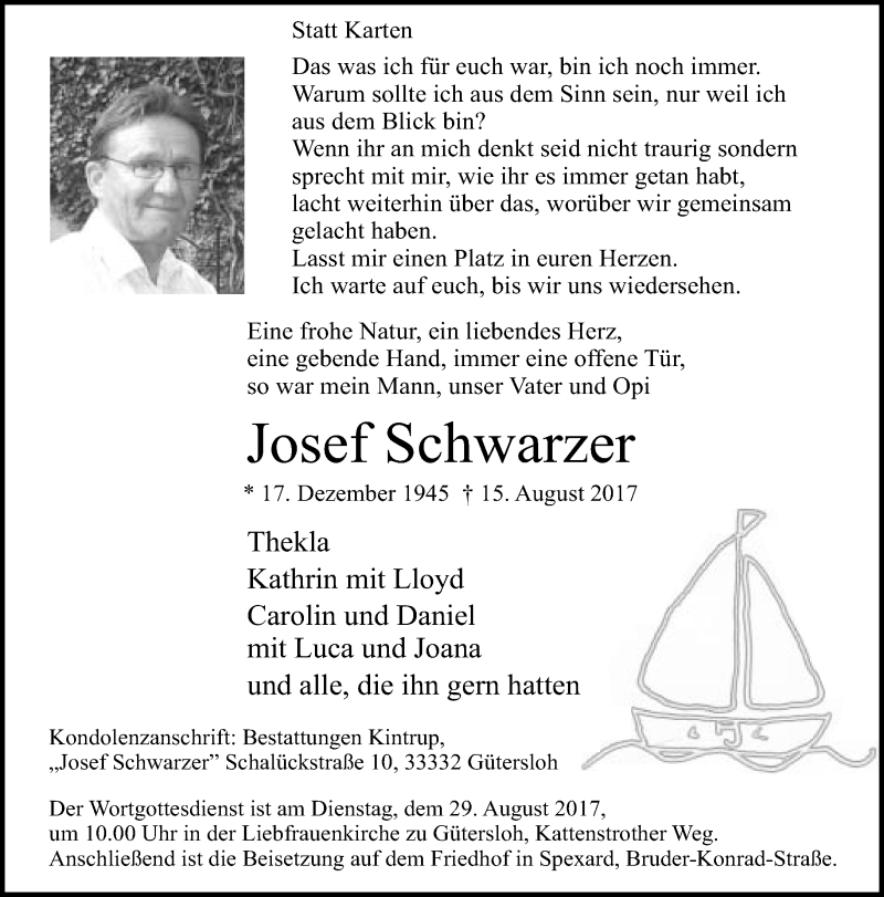  Traueranzeige für Josef Schwarzer vom 25.08.2017 aus Neue Westfälische