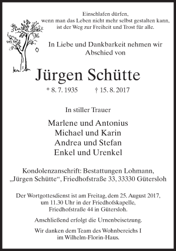 Traueranzeige von Jürgen Schütte von Neue Westfälische